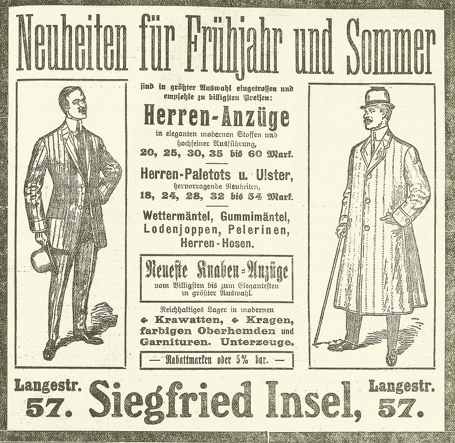 Advertisement Siegfried Insel, store for men’s and boys’ clothing, published in: Nachrichten für Stadt und Land (News for city and country), Oldenburg, 20.03.1910.