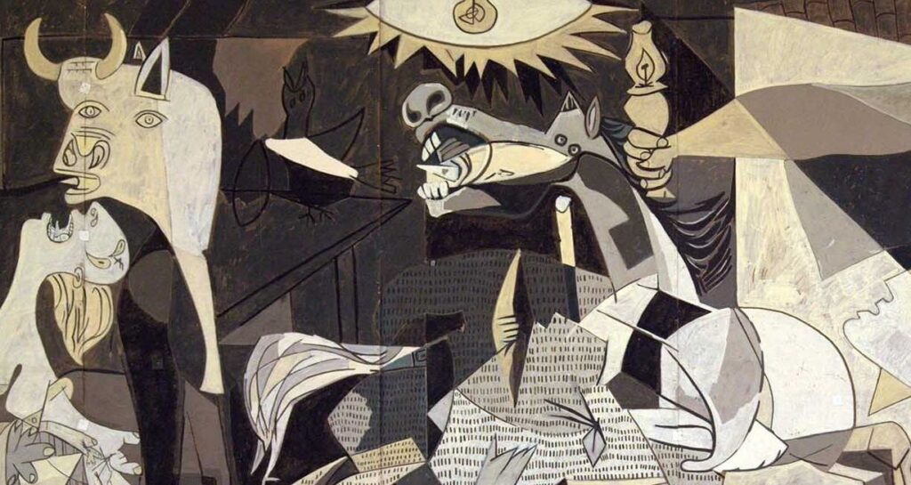 Detail Pablo Picasso, Guernica, Öl Auf Leinwand, 1937 VG Bild Kunst Bonn 2022 Das Pferdemotiv von Pablo Picasso und Heinrich Schwarz im direkten Vergleich., 1937/1955.