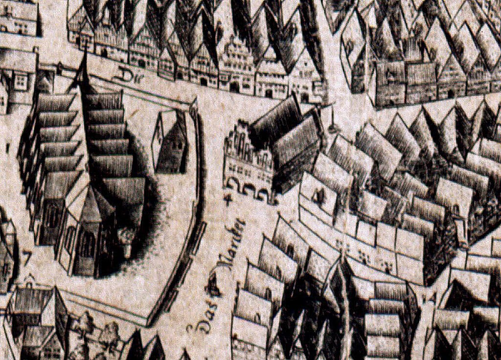 01 Vogelperspektive der Stadt Oldenburg (Ausschnitt mit Rathaus), 1598, Radierung von Pieter J. Bast.