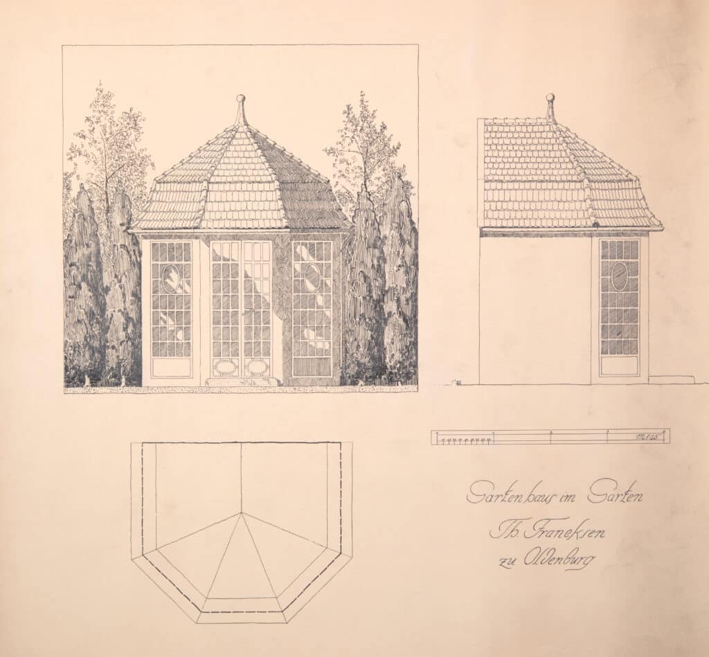 02 6 StdM Foto Andrey Gradetchliev 210202 Erste Entwurfszeichnung des Pavillons des Architekturbüros Wellermann & Frölich (in der Ausführung wurde der Pavillon detailreicher gestaltet), um 1910.
