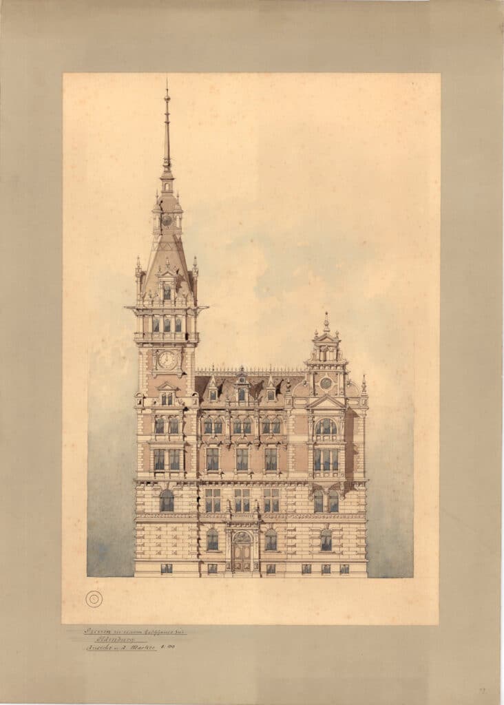 03 KP 265 Entwurf für den Neubau des Oldenburger Rathauses vom Architekten P. Engel, nicht realisiert, 1885, kolorierte Federzeichnung