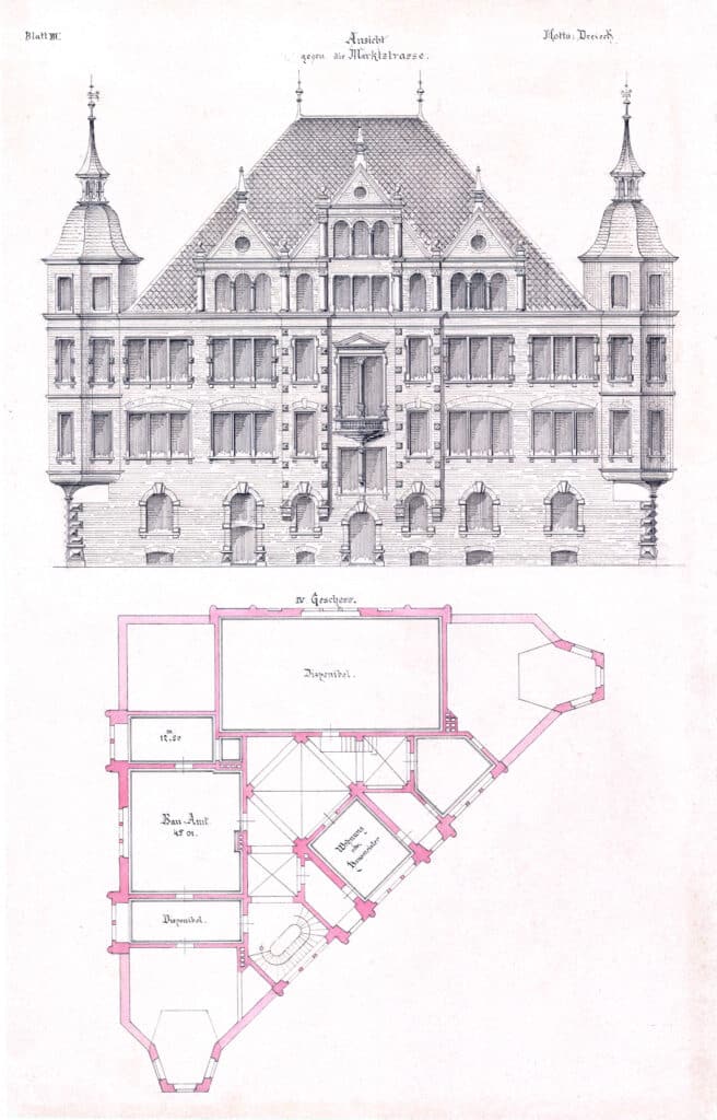 04 KP 248 Entwurf für den Neubau des Oldenburger Rathauses vom Architekten A. Grimm, nicht realisiert, 1885, kolorierte Federzeichnung.