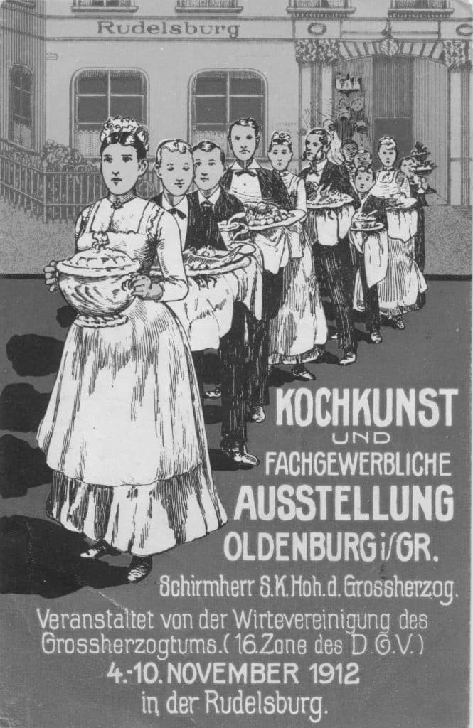 05 Ausflugslokal Rudelsberg, Kochkunst Ausstellung Postkarte mit Veranstaltungshinweis auf "Kochkunst und Fachgewerbliche Ausstellung" in der „Rudelsburg“, 1912.