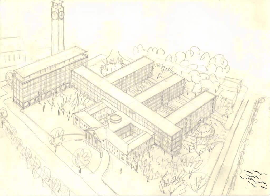 05 KP 803 Entwurf für den Umbau des Peter-Friedrich-Ludwig-Hospitals zum Rathaus von Stadtbaurat Horst Neidhardt, 1960, Bleistiftzeichnung