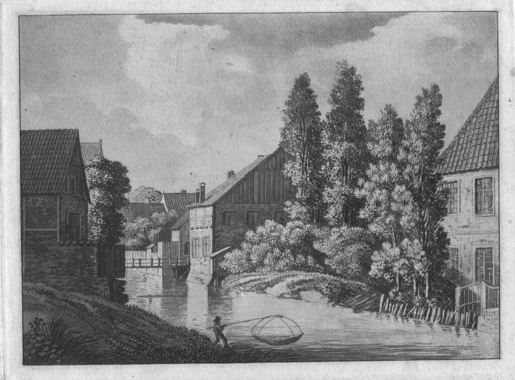 Eine der frühesten Abbildungen eines Fischers beim Fischen mit einer Senke an der Haaren Blickrichtung Mühlenstraße. Radierung mit Aquatinta von Franz Michelis nach Michael Bürmann, 1806.