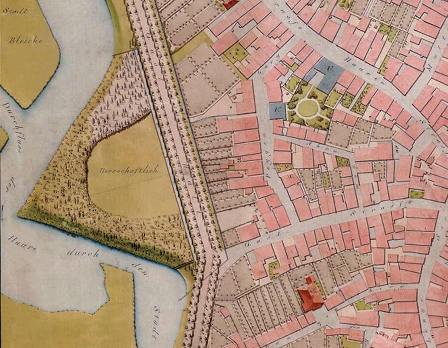 Abb. 1 Ausschnitt Hüner 1828 Das Gelände, auf dem das erste Theater in Oldenburg errichtet wurde. Ausschnitt aus dem Stadtplan von H. A. Vollimhauss (1828) nach einem Plan von H. Hüner.