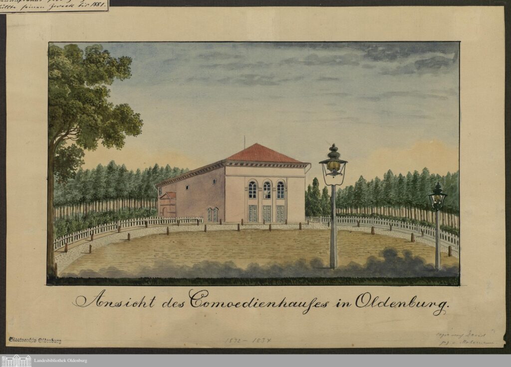 Abb. 2 Gebäude des alten Großherzoglichen Hoftheaters in Oldenburg in Vorderansicht mit dem Untertitel „Ansicht des Comoedienhauses in Oldenburg“, undatiert, ca. 1834, koloriert. Zeichner: Mohrmann, Kopie nach David. Zustand 1833/34.