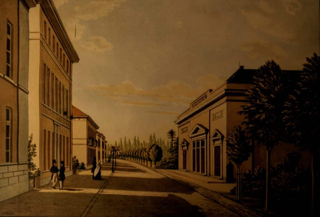 Abb. 3 Das Theater mit seiner neuen, verbeiterten, klassizistischen Fassade, die 1838 vorgesetzt wurde. Um 1840, Zeichner unbekannt.