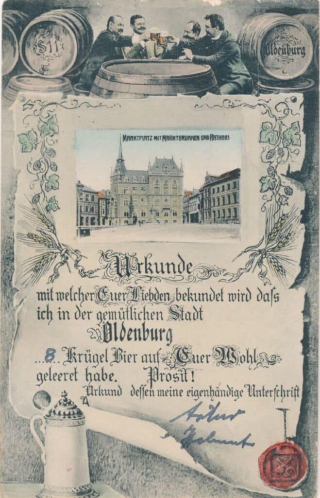 Humoristische Urkunde des Restaurants am Markt, 1951.