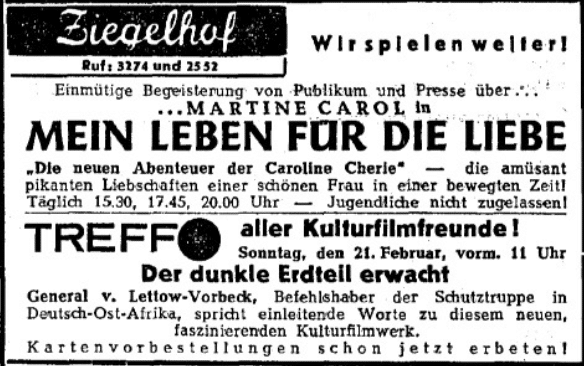 Abb. 6 NWZ Anzeige Ziegelhof 16 02 1954 Ankündigung der Veranstaltung mit Lettow-Vorbeck in der NWZ vom 16. Februar 1954.