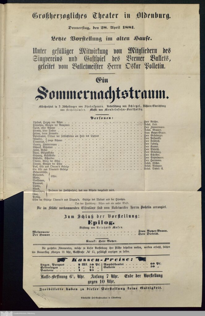 Abb. 7 Theaterzettel der letzten Vorstellung im „alten Hause“ am Donnerstag, den 28. April 1881.