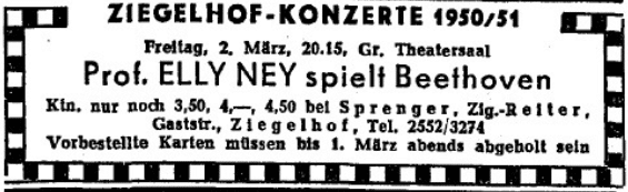Abb. 7 NWZ Anzeige Ziegelhof 24 02 195 Ankündigung der Veranstaltung mit Elly Ney in der NWZ Anfang der 1950er Jahre.
