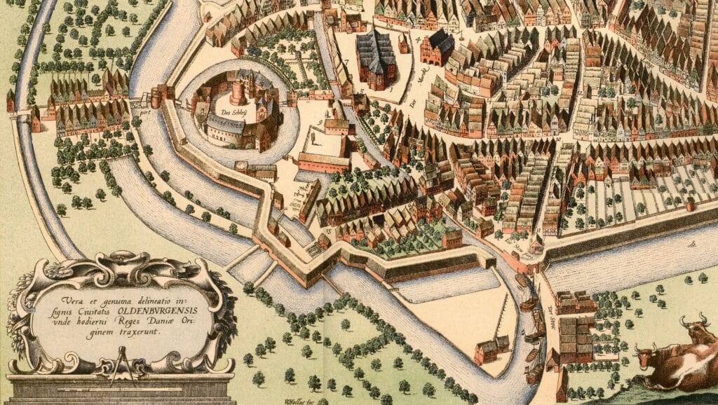 Ausschnitt Stadtplan Oldenburg, 1598, rechts unten „Der Stow“ und „Die Stow port“.