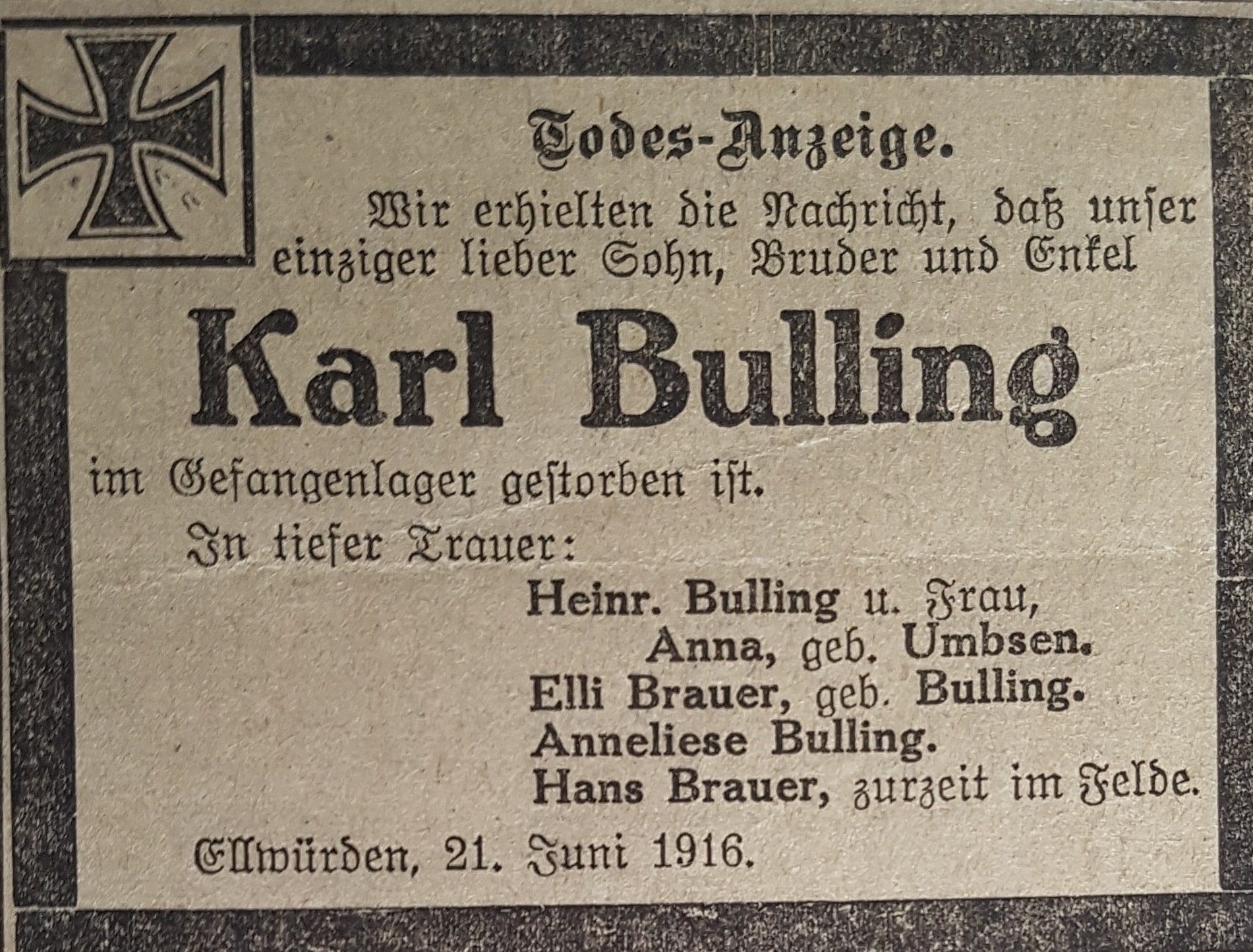 Todes Anzeige © Stadtmuseum Oldenburg